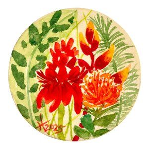 Tropical Delight Original Watercolor Painting on Wood Round 4in Desk or Wall Art
